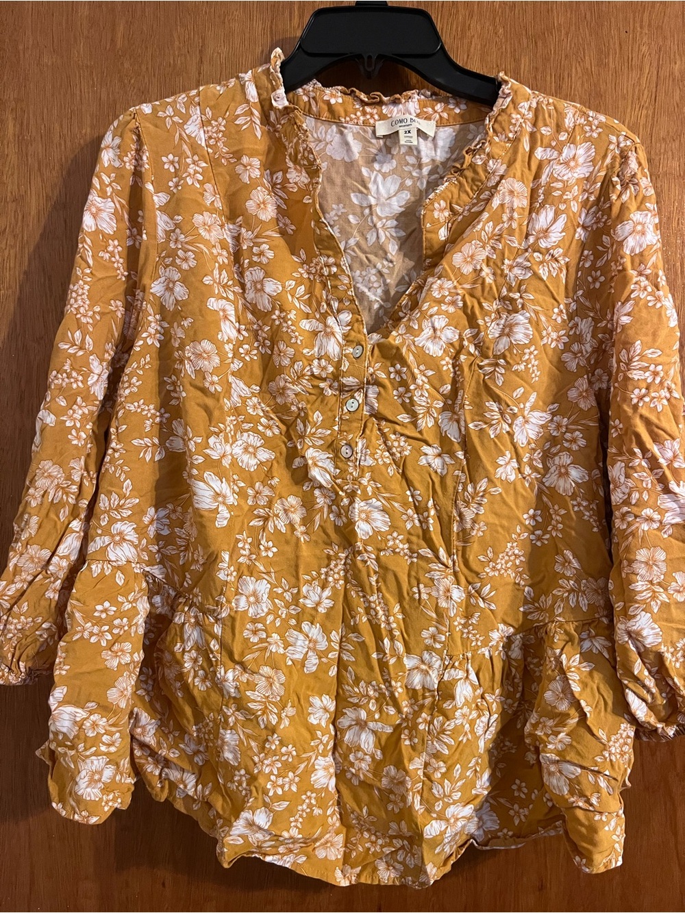 Mustard Floral V-Neck Peasant Blouse